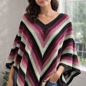 Striped V-Neck Crochet Poncho Sweater - Pink & Mint